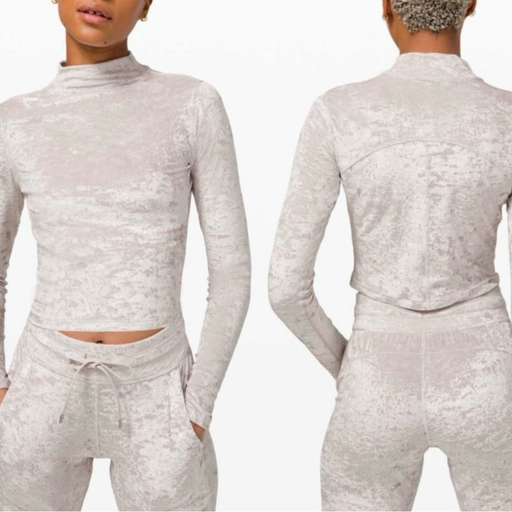 Lululemon All Aligned Mock Neck Crop Long Sleeve in crushed velvet Chrome